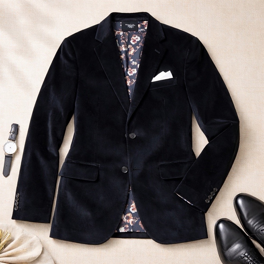 Original Penguin Velvet Blazer Mens 38R Black Slim Floral Lining Pico Sport Coat